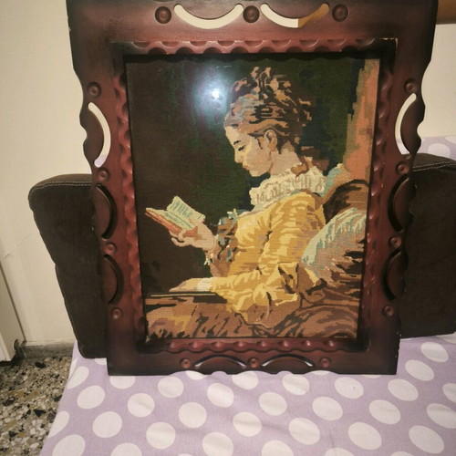 Vintage handmade embroidery The Reader used, framed wall decoration