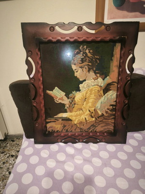 Βίντατζ χειροποίητη βελονιά «Η Αναγνώστρια» μεταχειρισμένη, κορνιζωμένη διακόσμηση τοίχου