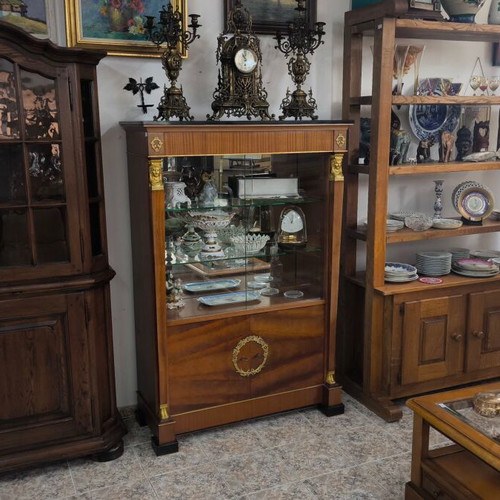 Vintage Belgian Mahogany Display Cabinet with Gilded Bronze and Granite Top, Empire Revival