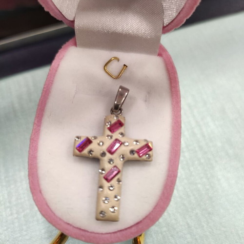 Silver cross with white and pink zircon stones new