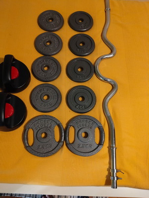 Barbell, weights and push up handles used, 25kg total