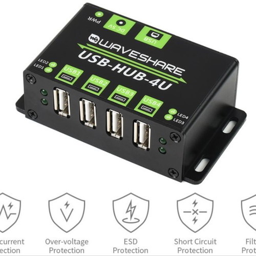 Waveshare USB-HUB-4U 4-Port Industrial USB Hub new