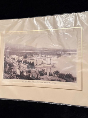 Black and white engraving of Aigio with view from Psila Alonia new