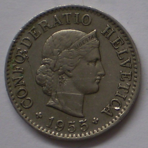 Switzerland 5 Rappen 1955B KM#26 coin used, Copper Nickel (Леф17)