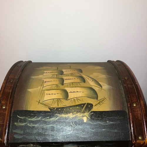Vintage wooden chest used with painted ship design