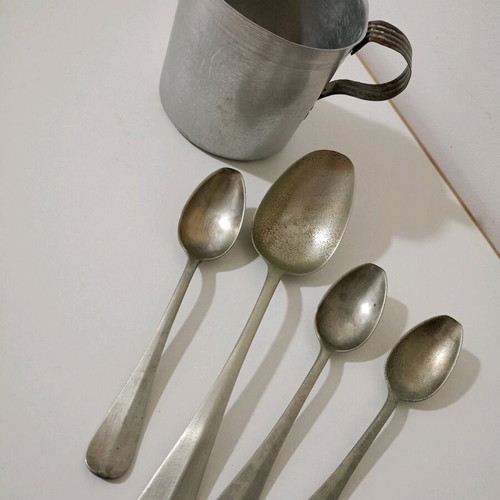 Soldier cup and 4 spoons used, alpaca Benendorf Baycher