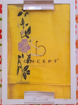 Concept towel set 3 pieces new, cotton, yellow with purple roses