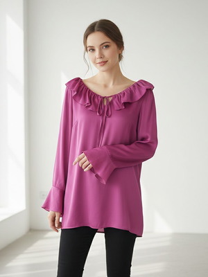 Satin fuchsia blouse with ruffles and bell sleeves, like new, size L