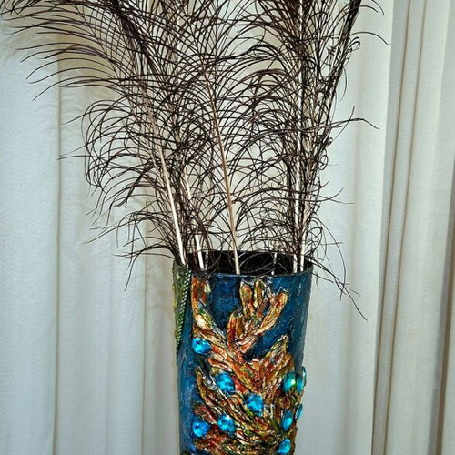 Handmade Floor Vase Peacock Set with Feathers and Carved Column