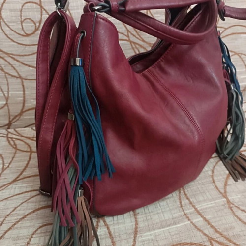 Women's shoulder bag burgundy like new with colorful tassels