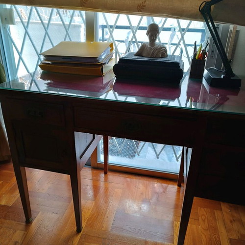 Antique desk like new with burgundy fabric and glass