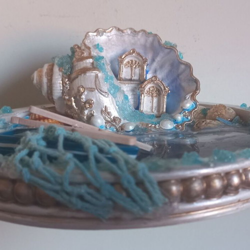 Summer decoration handmade, 17cm plate with liquid glass sea