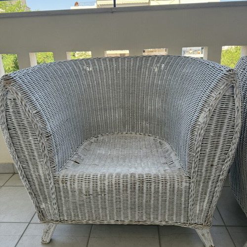 Bamboo armchair vintage design used, white, set of two