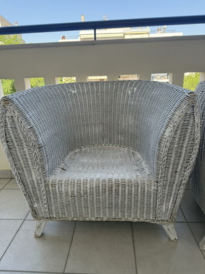 Bamboo armchair vintage design used, white, set of two