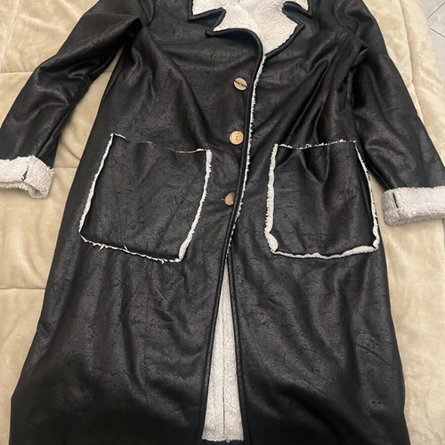 Women's mouton coat used black with white fur and wooden buttons