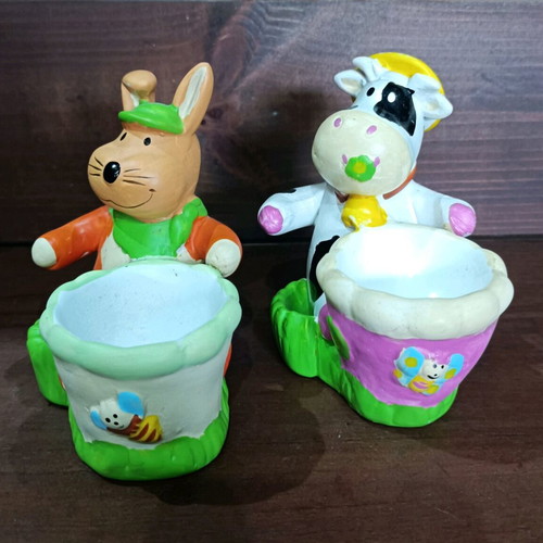 Ceramic children's egg holders rabbit and cow new, set of 2