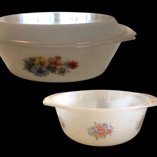 White serving dishes used, oval with lid and large bowl with floral design