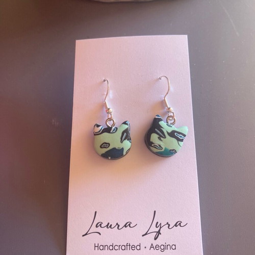 Cat earrings new, green and turquoise