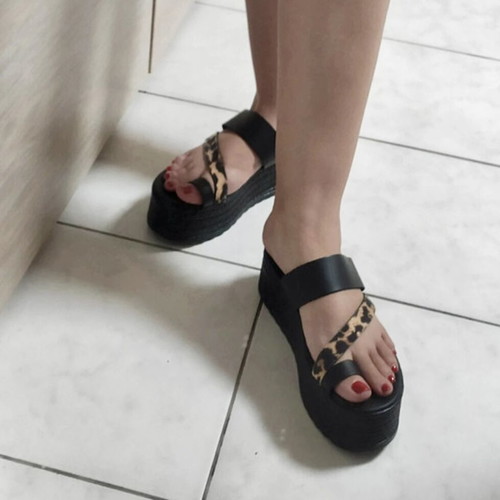 Genuine Leather Handmade Platform Flatform Sandals Black Leopard, Like New
