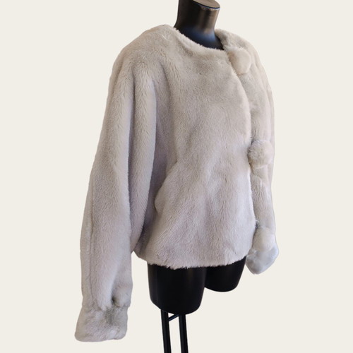 Faux fur jacket with pompons used, size L/XL, beige
