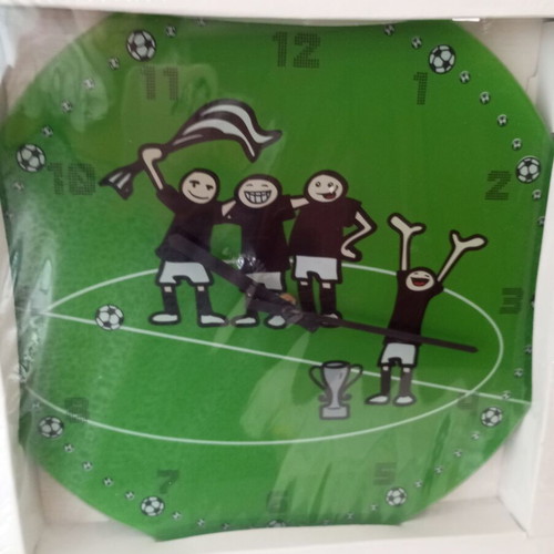 Wall clock with football theme, quartz mechanism, glass/plastic surface