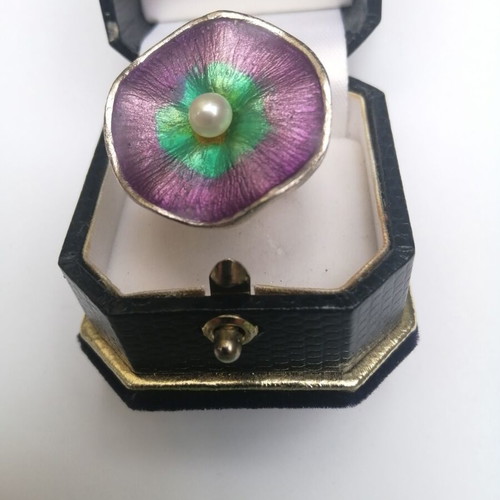 Handmade ring silver 985 with permanent enamel and cultured pearl