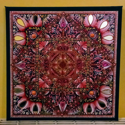 Square Mandala painting new on canvas with acrylics and decorative elements