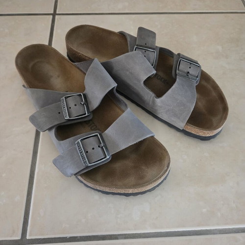 Birkenstock sandals with two straps, oiled leather, grey