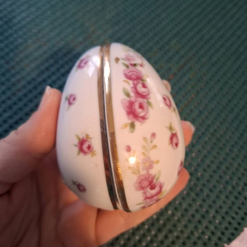 Porcelain decorative container used, small egg with pink flowers