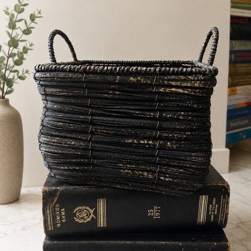 Handmade woven basket with metal frame, like new, black