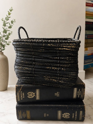 Handmade woven basket with metal frame, like new, black