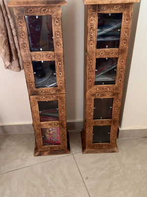 Wooden carved CD/DVD cabinets used, set of 2 with glass doors