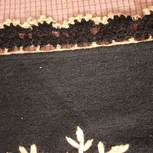 Felt tablecloth used, handmade, dark blue with ecru embroidery