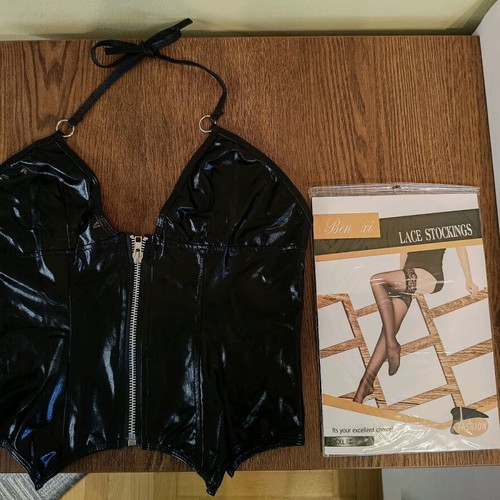 Vinyl bustier and lace top stockings with garters new