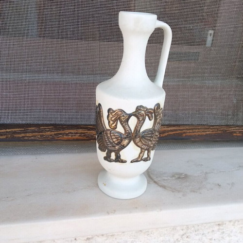 Faience jug used with two silver peacocks 17 cm