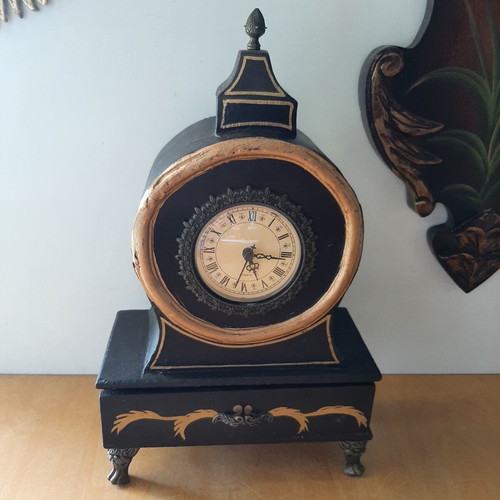 Vintage wooden clock with drawer and metal feet like new