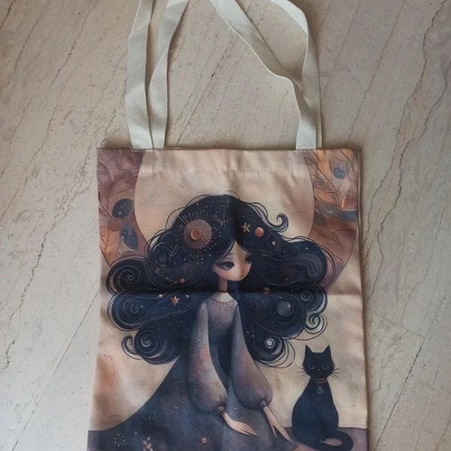 Canvas Tote Bag with Girl and Black Cat Artwork, 38x33 cm