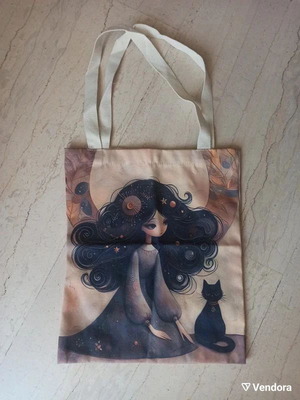 Canvas Tote Bag with Girl and Black Cat Artwork, 38x33 cm