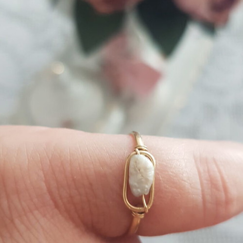14K gold ring with real pearl, small size, handmade