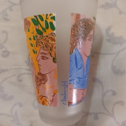 Loumidis Papagalos coffee promotional glass with G. Stathopoulos painting