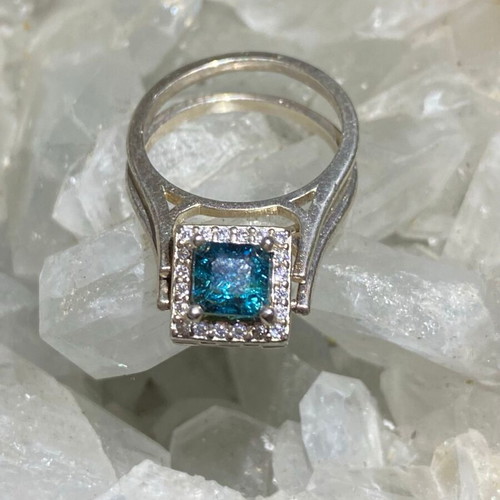 Handmade silver double-sided ring with natural indicolite, pink tourmaline & moissanite, new