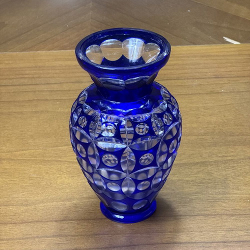 Vintage handmade ultramarine blue glass vase with geometric optical art