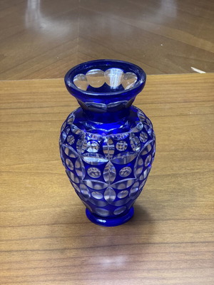Vintage handmade ultramarine blue glass vase with geometric optical art