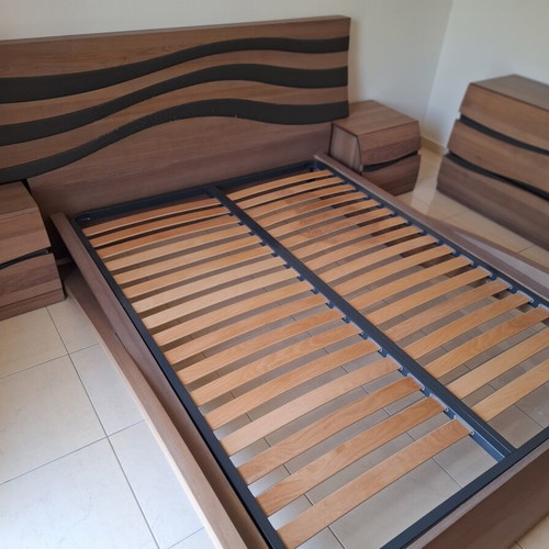 Join Electra Bedroom Set used, olive wood, includes bed, 2 nightstands, vanity