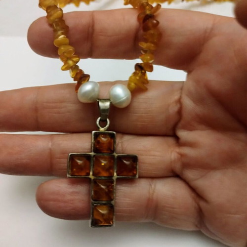 Amber cross with necklace and natural pearls, like new
