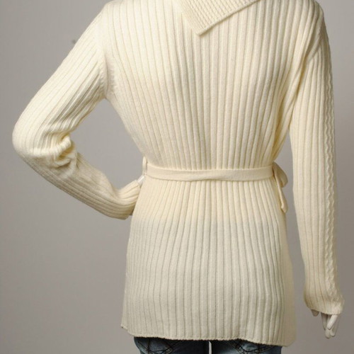 Women's knitted sweater tunic with belt, cream