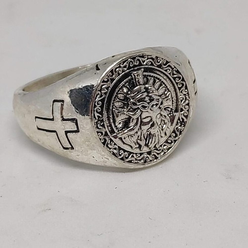 Ring with Jesus Christ like new, men's silver tone metal