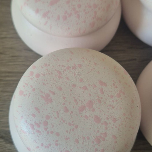 Ceramic macaron jewelry boxes with pink splashes, set of 4, like new