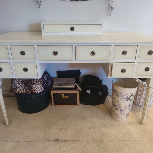 Vanity with drawers used, patina finish with carved legs