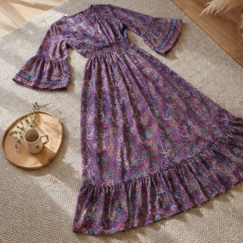 Silk Boho Maxi Dress M Dimond Milano, new, purple paisley